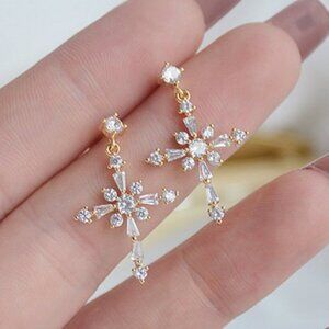 NEW 14K Gold Plated Diamond Cross Drop Earrings